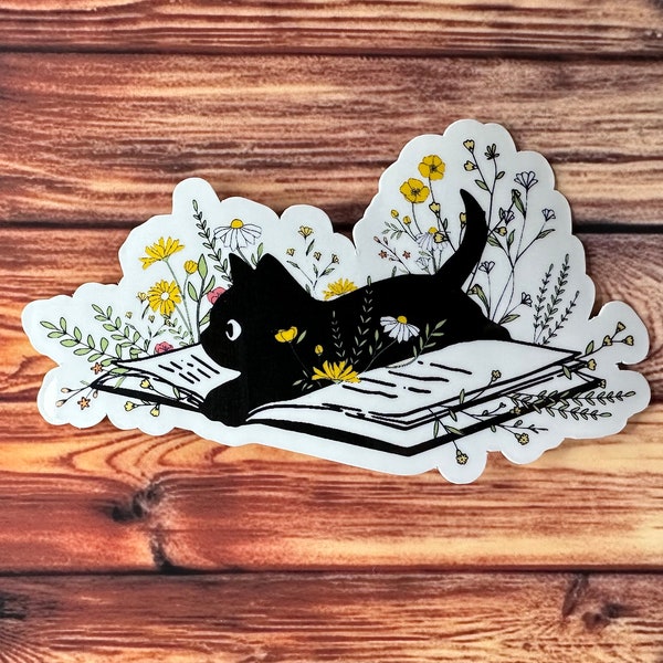 Black Cat Sticker, Black Cat on Book Sticker, Bookish Cat Sticker, Gifts for her, Gifts for him, Reading Sticker, Waterproof Stickers