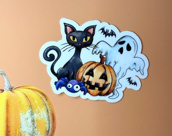 Black Cat Halloween Sticker, Black Cat and Ghost Stickers, Halloween Cat Stickers, Gifts for her, Gifts for him, Waterproof Stickers