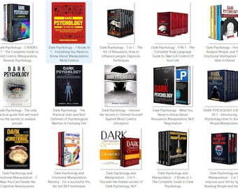 May include: A collage of book covers featuring the title "Dark Psychology" with various sub-titles related to mind control, manipulation, persuasion, and emotional intelligence. The covers feature a variety of colors and designs, including black, red, white, and blue.