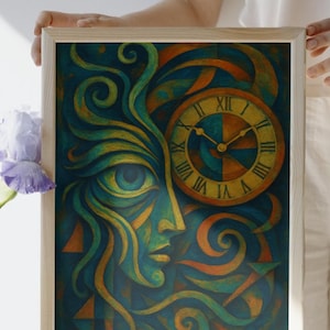 May include: Abstract art print featuring a surreal face with an eye and a clock. The artwork uses teal, orange, and yellow hues. The image is framed in a light wood frame.