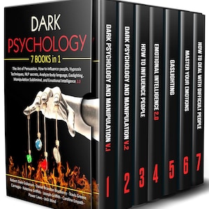 May include: A seven-book set on dark psychology, covering topics such as manipulation and emotional intelligence. The cover shows a hand holding strings attached to charms, with flames at the bottom.