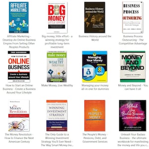 May include: A collage of book covers featuring titles related to money, finance, and business. The covers are colorful and feature a variety of images, including money, people, and buildings.