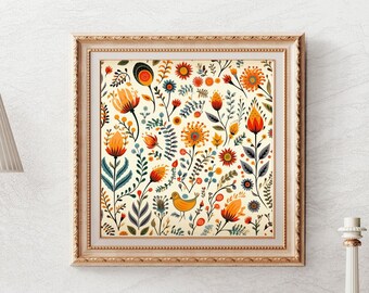 Folk Art, Scandanavian, Nordic, Fall Decor, Cottagecore, Wildflowers, Wildflower Decor, Floral Poster, Floral Decor, Botanical, Room Decor