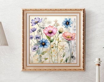 Wildflower Wall Art Pressed Flowers, Cottagecore Decor, Vintage Wildflower Poster Print, Floral Decor, Botanical Aesthetic, Floral Wall Art