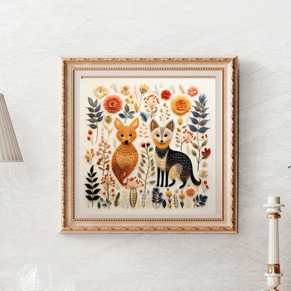 Folk Art Poster, Fox, Animal Lover, Cottagecore Wall Art, Forestcore, Folk Art Wall Decor, Scandinavian Art, Floral Art, Folk Art Room Decor