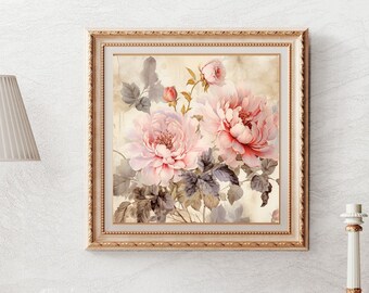 Floral Wall Art, Botanical Poster, Vintage Art, Shabby Chic Aesthetic,Pink Peony,Poster Print, Cottagecore Decor, Pastel Decor, Cottage Core