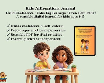 Kids Affirmations Journal | Confidence & Emotional Growth Digital PDF | Reusable iPad Journal for Kids Ages 7–12 | Toddy Bops™