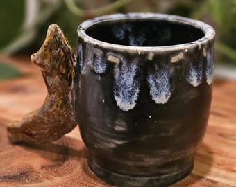 Wheel thrown, handpainted coffee mug. Shofar handle