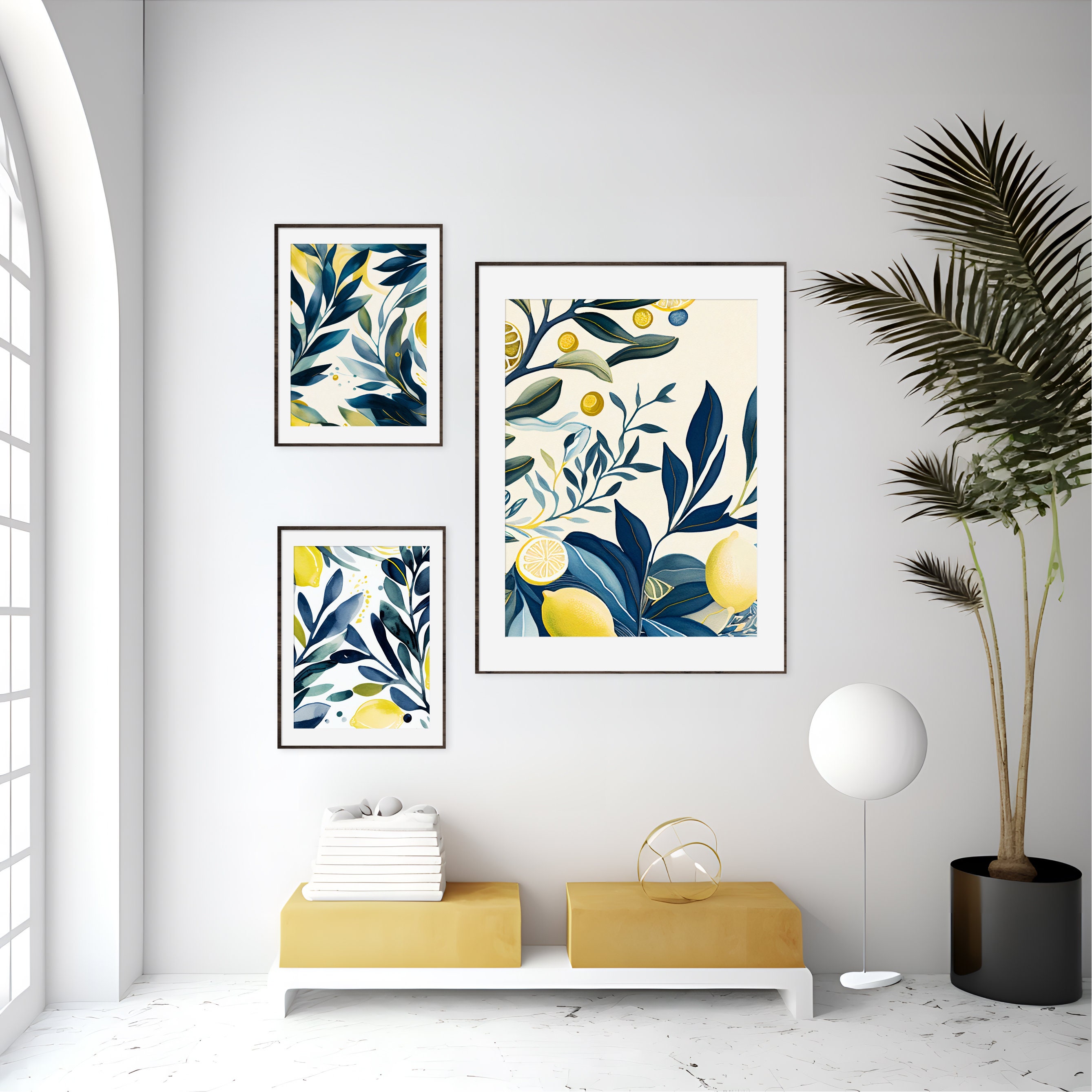 Blue and Yellow Lemon Watercolor Wall Art, Kitchen Fruit Art, Set of 5 ...
