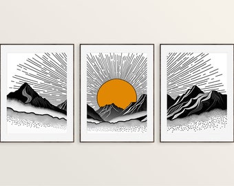 Triptych Mountain Landscape Art Prints, Minimalist Black and White (Digital Download)