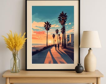 May include: Framed art print depicting a sunset scene at a beach with palm trees. The artwork shows two figures walking on a sidewalk, casting long shadows. The sky transitions from orange to blue, with a few birds flying.
