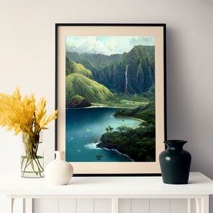 Póster con impresión artística vintage de cascadas de Hawái: impresión digital de Hawái, océano, montañas verdes, cascadas, decoración de pared tropical, impresión de naturaleza