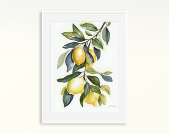 Pintura em aquarela de limão, pôster botânico para cozinha (download digital)