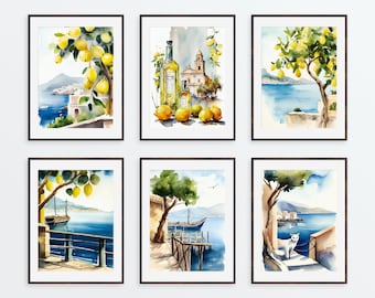 Set of 6 Italian landscape painting, Kitchen Wall Art, Lemons print, lemon watercolor painting, Italy painting, Greek wall art