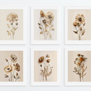 Set of 3 Minimalistic Beige Flower Prints for a Neutral Home Decor, Modern Simple wall art