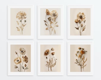 3er-Set Minimalistische Beige Blumendrucke für eine neutrale Wohnkultur, moderne einfache Wandkunst