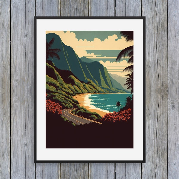 Beach Hawaii Vintage Poster, Digital Print Hawaii, Hawaii Vintage Ocean Print, Waikiki print, Hawaii Painting, Mountains print wall art