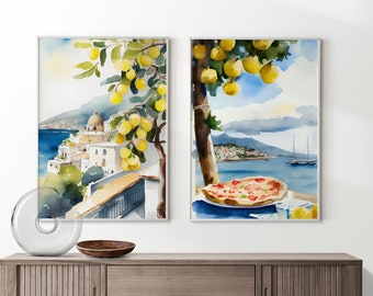 Set van 2 Italië aquarelschilderijen - pizza, citroenen en prachtig landschap. Aquarelprint aan zee, Sicilië, Toscane