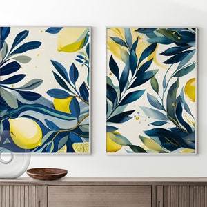 Blue and Yellow lemon watercolor wall art, Kitchen Fruit Art, Set of 5 Lemon Kitchen wall art, Lemon Gallery downloadable wall art,