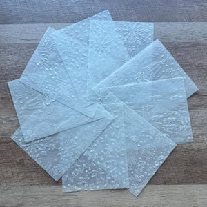 May include: A collection of translucent, embossed paper sheets arranged in a circular pattern. Each sheet features a different winter-themed design, including snowflakes, trees, and floral elements. The paper has a subtle, textured appearance.