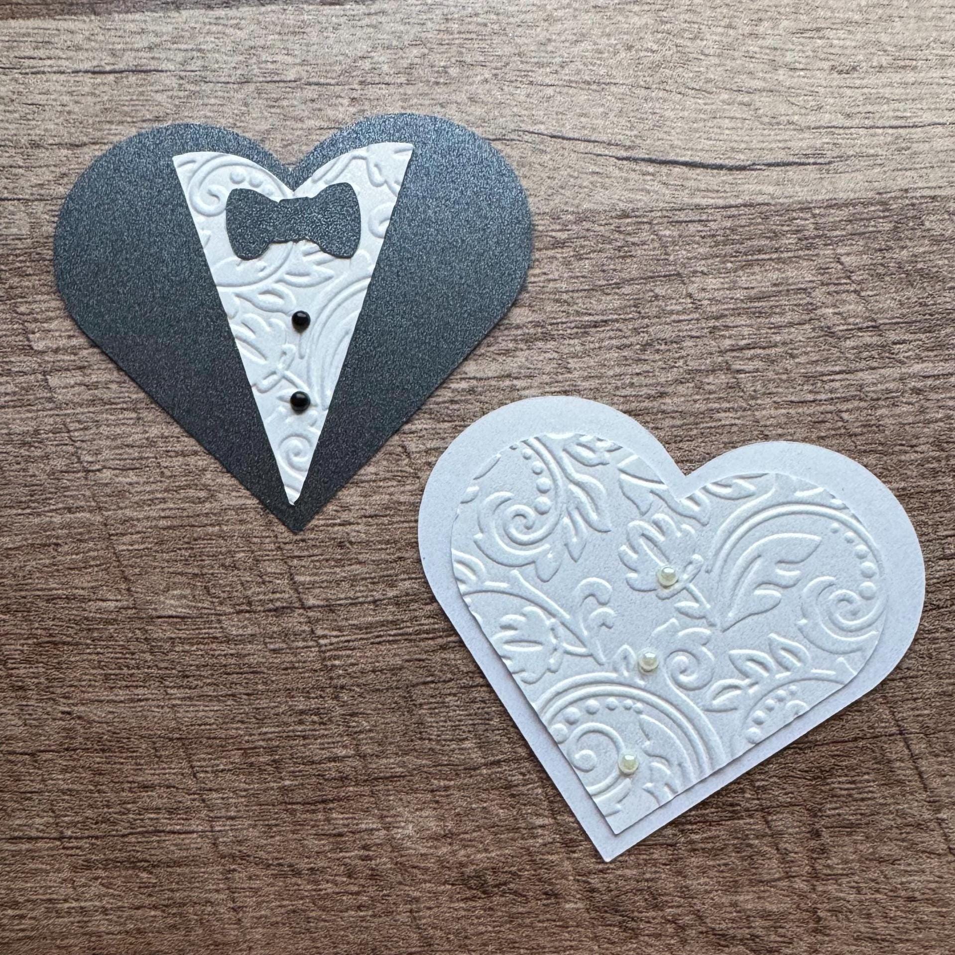 Embossed Bride and Groom Heart Die Cuts - Shimmer Cardstock for Wedding Crafts and Decor