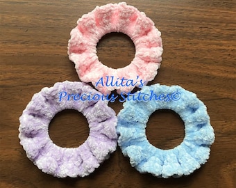 Handmade Crochet Velvet Hair Scrunchies, Set of 3, Pastel Colors, Hair Ties, Ponytail Holders, Labor Day Sale