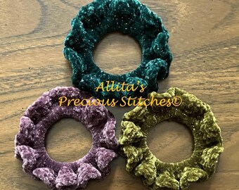 Crochet Hair Scrunchies: Purple, Teal, Olive - Set of 3, Labor Day Sale