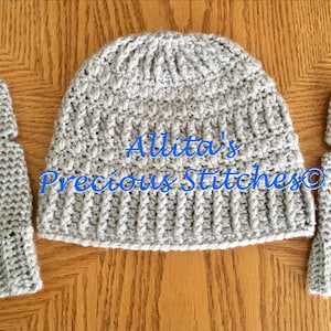 Handmade Crochet Beanie and Fingerless Gloves Set, Metallic Gray Winter Wear