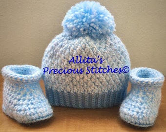Crochet newborn beanie with pom pom and booties set for baby's first pictures