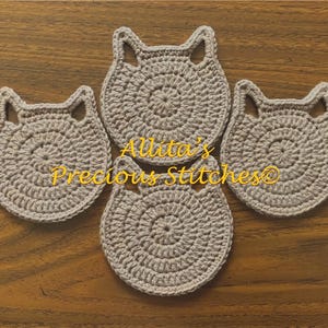 Handmade Crochet Cat Coasters Set of 4, 100% Cotton