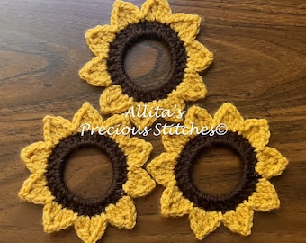 Handmade Crochet Sunflower Hair Scrunchies, Set of 3, Hair Ties, Ponytail Holders, Labor Day Sale