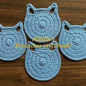 Handmade Crochet Cat Coasters Set of 4, 100% Cotton