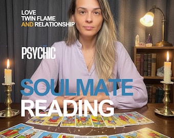 May include: A woman sits at a table with tarot cards laid out, with text that reads "Love, Twin Flame, and Relationship", "Psychic", and "Soulmate Reading". Two lit candles flank the scene, with a lamp and bookshelf in the background.
