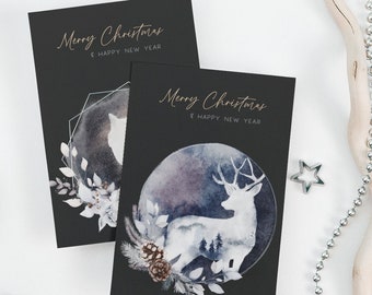 Cartão de Natal digital para impressão, download instantâneo, cartões de Natal de animais, silhueta, cartão de Natal em aquarela, cartões de feliz Natal