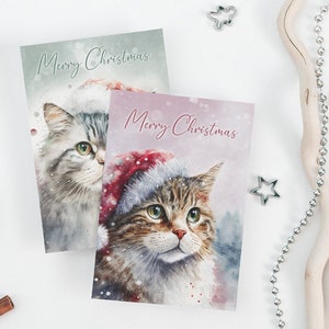 Tarjeta de Navidad Imprimible Digital, Tarjetas De Navidad, Descarga Instantánea, Tarjetas De Navidad Gato, Acuarela De Navidad, Tarjetas De Feliz Navidad