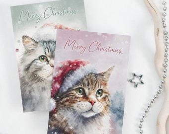 Tarjeta de Navidad digital imprimible, Tarjetas de Navidad, Descarga instantánea, Tarjetas de Navidad de gatos, Acuarela navideña, Tarjetas de Feliz Navidad