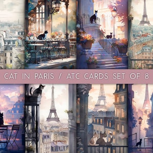 Cartões ATC de gato em paris para impressão, download instantâneo, cartões de gato, aquarela, cartões de lixo eletrônico, papel digital, cartões de registro no diário para impressão