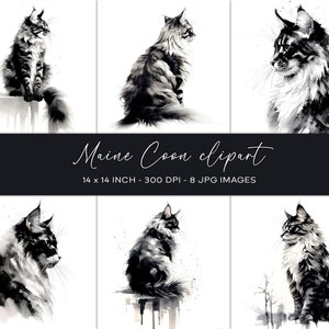 Imágenes prediseñadas de Maine Coon, pintura en tinta, producto digital, descarga instantánea, imágenes prediseñadas de gato en formato JPG, papel digital, scrapbooking, arte mural de gato