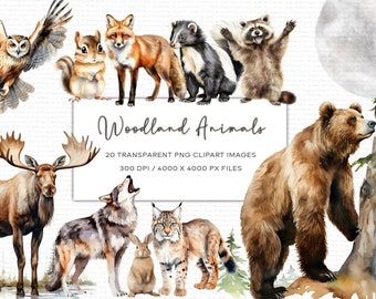 Imágenes prediseñadas de animales del bosque en acuarela, PNG transparente (descarga digital)