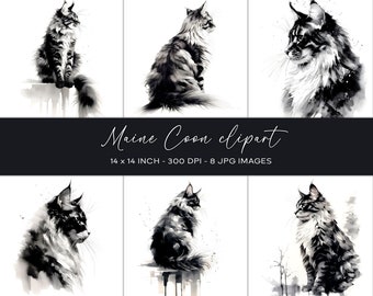 Imágenes prediseñadas de Maine Coon, pintura a tinta, producto digital, descarga instantánea, arte mural de Maine Coon, papel digital, scrapbooking, arte mural de gatos