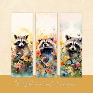 Printable watercolor raccoon bookmarks, raccoon bookmarks, instant download, raccoon bookmark, watercolor bookmark, flowers, animal gift