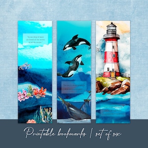 Printable Watercolor Ocean Bookmarks, Sea Bookmarks, Inspirational Quotes, Orca Bookmark, Dolphin Bookmark, Underwater Bookmark