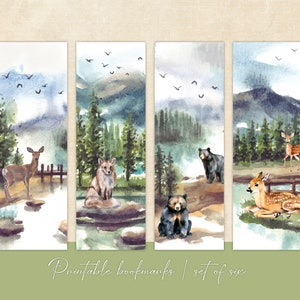 Printable Forest Animal Watercolor Bookmarks, Instant Download, Fox Bookmark, Bear Bookmark, Deer Bookmark, Wolf Bookmark, Animal Gift