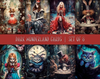 Tarjetas imprimibles del país de las maravillas oscuras, inspiradas en Alicia en el país de las maravillas, tarjeta de acuarela, arte digital, tarjetas de tema oscuro, descarga instantánea de papel digital