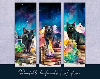Watercolor Black Cat Bookmarks, Magic Set of Six (Digital Product)