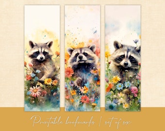 Printable watercolor raccoon bookmarks, raccoon bookmarks, instant download, raccoon bookmark, watercolor bookmark, flowers, animal gift