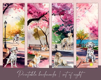 Cherry Blossom Dog Bookmarks, Watercolor Style (Printable Digital Download)