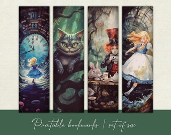 Printable Dark Wonderland Bookmarks, Alice In Wonderland Inspired, Digital Instant Download, Watercolor Bookmark, Dark Theme Bookmark