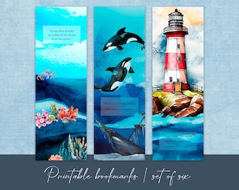 Watercolor Ocean Bookmarks, Sea Life Quotes (Printable PDF)