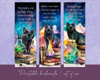 Watercolor Magic Cat Bookmark Set, Inspirational Quotes (Digital Product)